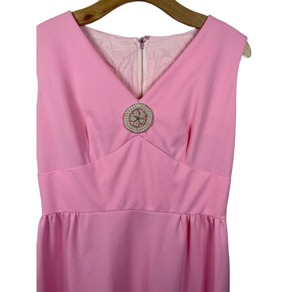 60s Vintage Pink Empire Line Midi  V-neck Pearl Appliqué Dress Sz M/L - Picture 3 of 7